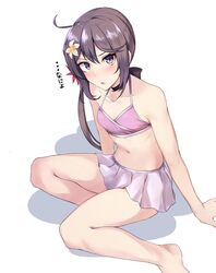  ahoge akebono_(kancolle) akebono_kai_ni_(swimsuit_mode)_(kancolle) bikini bikini_skirt female flat_chest flower grey_eyes hair_flower hair_ornament kantai_collection long_hair navel official_alternate_costume pink_bikini purple_hair side_ponytail solo sugamo_(rainysnowy108) swimsuit translated very_long_hair 