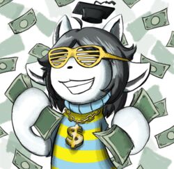  anthro chains clothing eyewear female gold_(metal) gold_chain graduation_cap hair headgear headwear holding_money holding_object mammal money shutter_shades solo tem temmie_(undertale) treetune undertale undertale_(series) 