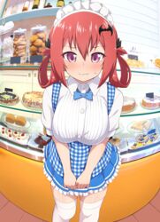  absurdres bad_id bad_twitter_id bat_hair_ornament blush breasts cake closed_mouth cookie female food gabriel_dropout hair_ornament highres kobeya_uniform large_breasts long_hair maid md5_mismatch nyaroon oerba_yun_fang pie purple_eyes red_hair satanichia_kurumizawa_mcdowell skirt solo thighhighs thighs 