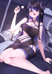  :d absurdres bandeau barefoot bed belt black_bandeau black_belt black_hair black_skirt blue_belt blue_hair blush breasts brown_eyes carmi11la chest_belt cleavage collarbone commentary_request curled_horns demon_girl demon_horns demon_tail female full_body grey_horns hair_between_eyes hebiyoi_tier hebiyoi_tier_(1st_costume) highres hip_vent holding horns large_breasts long_hair looking_at_viewer mimikaki multicolored_hair nail_polish nanashi_inc. navel no_jacket open_mouth pink_nails pointy_ears sidelocks sitting skirt smile snake_bite solo sugar_lyric tail two-tone_hair underboob virtual_youtuber 