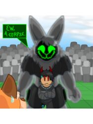  ambiguous_gender animated bodily_fluids canid canine crossed_arms crowd darli_buni dialogue fox group horn human hybrid lagomorph leporid looking_scared machine male mammal missing_leg muscular protogen rabbit roblox robloxian scared sewn_mouth short_playtime sweat sweatdrop threatening 