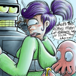  1:1 1_eye alien arthropod bender_bending_rodr&iacute;guez blush cigarette comedy_central condom_wrapper crustacean cyclops decapodian_(futurama) doctor_zoidberg english_text female futurama group hair humanoid lips machine male male/female marine missuspatches purple_hair robot smoking text trio turanga_leela 