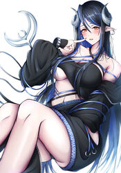  absurdres bandeau belt black_bandeau black_belt black_hair black_jacket black_skirt blue_belt blue_hair blush breasts brown_eyes chest_belt cleavage clothes_writing collarbone commentary_request curled_horns demon_girl demon_horns demon_tail fangs feet_out_of_frame female fingernails grey_horns hair_between_eyes hebiyoi_tier hebiyoi_tier_(1st_costume) highres hip_vent horns jacket large_breasts long_hair long_sleeves looking_at_viewer multicolored_hair nanashi_inc. navel off_shoulder open_clothes open_jacket open_mouth pink_nails pointy_ears russian_text sidelocks simple_background skirt smile snake_bite solo sugar_lyric tail two-tone_hair underboob virtual_youtuber white_background yuyukko 