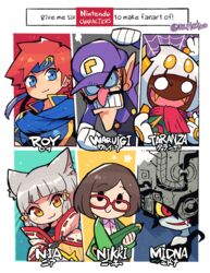  3boys 3girls :3 absurdres animal_ears big_nose blue_eyes cat_ears character_name colored_sclera company_connection english_text engrish_text facial_hair fangs fire_emblem fire_emblem:_the_binding_blade glasses gloves grey_hair half_mask hat headband highres kirby:_triple_deluxe kirby_(series) mario_(series) mask midna monster_girl moustache multiple_boys multiple_drawing_challenge multiple_girls nia_(xenoblade) nikki_(swapnote) nintendo no_pupils pencil pink_nose pointy_ears ranguage rariatto_(ganguri) rayman_limbs red_eyes red_hair red_scarf roy_(fire_emblem) scarf six_fanarts_challenge smile swapnote taranza the_legend_of_zelda the_legend_of_zelda:_twilight_princess waluigi white_gloves xenoblade_chronicles_(series) xenoblade_chronicles_2 yellow_eyes yellow_sclera 