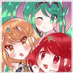  3girls blonde_hair chibi earrings green_eyes green_hair highres jewelry kyosuke1413koba long_hair multiple_girls mythra_(xenoblade) pneuma_(xenoblade) ponytail pyra_(xenoblade) red_eyes red_hair short_hair swept_bangs tiara very_long_hair xenoblade_chronicles_(series) xenoblade_chronicles_2 yellow_eyes 