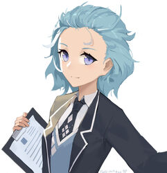  black_jacket blue_eyes blue_hair clipboard closed_mouth female fled forehead highres holding honkai_(series) honkai_impact_3rd jacket lieserl_albert_einstein long_sleeves looking_at_viewer messy_hair necktie portrait short_hair simple_background smile solo white_background 