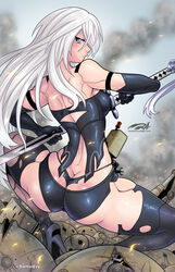  a2_(nier:automata) after_battle ass asymmetrical_legwear back black_gloves black_shorts black_thighhighs blue_eyes breasts butt_crack commentary darkereve drone elbow_gloves english_commentary female from_behind gloves high_heels highres holding holding_sword holding_weapon joints katana long_hair looking_back machine_(nier) medium_breasts mismatched_legwear nier:automata nier_(series) photoshop_(medium) pod_(nier:automata) robot_joints see-through see-through_legwear short_shorts shorts sideboob solo_focus spread_legs squatting sword thick_thighs thighhighs thighs torn_clothes twitter_username weapon white_hair 