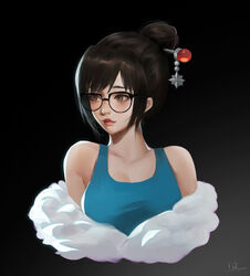  bare_shoulders black_background blue_shirt blush breasts brown_hair closed_mouth collarbone commentary female fur_trim glasses green_eyes hair_bun hair_ornament highres large_breasts looking_to_the_side medium_hair mei_(overwatch) overwatch overwatch_1 photoshop_(medium) red_lips shirt simple_background single_hair_bun sleeveless sleeveless_shirt solo straight_hair upper_body yiqing_(yohare) 