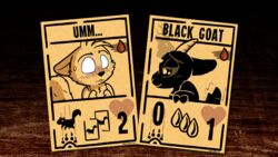  16:9 anthro arms_bent bedroom_eyes black_body black_fur black_goat_(inscryption) black_nose blood blue_eyes blush blush_lines blushing_profusely bodily_fluids bovid breasts buckteeth caprine card card_game card_template chest_tuft claw_marks claws clothed clothing custom customization deer drop duo ears_down eye_contact eyebrows female fingers fluffy fluffy_tail flustered footprint fur gaming glowing glowing_eyes goat hair half-closed_eyes head_tuft heart_(marking) heart_symbol henry_squirrelman heterochromia hi_res hooved_fingers hooved_fingertips hooved_hands hooves horn inanimate_object inscryption looking_at_another love male male/female mammal markings monochrome mostly_nude mouth_closed narrowed_eyes neck_tuft nervous nervous_sweat nude number number_print onomatopoeia pawprint pawprint_(marking) pivoted_ears purple_eyes rodent scantily_clad_female scantly_dressed sciurid seductive sepia sexy_eyes simple_background skimpy smile sound_effects squirrelman tail tail_motion tailwag teeth text tree_squirrel tuft widescreen wood 