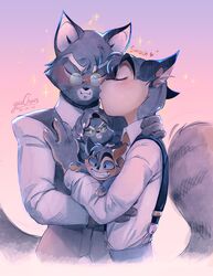  absurd_res anthro blush bodily_fluids claws closed_eyes clothing dress_shirt duo felid feline gentleman hi_res hug kissing lackadaisy love male male/male mammal mordecai_heller nuzzling plushie rocky_rickaby secretly_loves_it shirt smile sweat topwear yuu-chan 