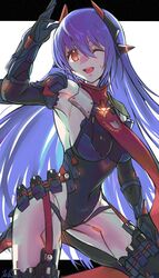  ammunition_pouch android armpits breasts female green_footwear hand_up highleg highleg_leotard highres joints kyosuke1413koba leotard long_hair mecha_musume navel one_eye_closed open_mouth orange_eyes poppi_(xenoblade) poppi_qtpi_(xenoblade) pouch purple_hair robot_ears robot_joints signature solo teeth upper_teeth_only very_long_hair xenoblade_chronicles_(series) xenoblade_chronicles_2 