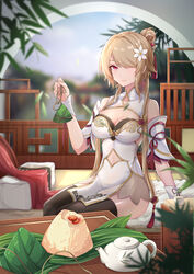  absurdres arched_back arm_support arm_up bare_shoulders black_thighhighs blonde_hair blurry blurry_background breasts bupa_chila china_dress chinese_clothes cleavage_cutout clothing_cutout covered_collarbone cup detached_sleeves dress earrings female flower food hair_flower hair_ornament hair_over_one_eye hair_rings highres holding honkai_(series) honkai_impact_3rd jewelry large_breasts long_hair navel_cutout plant railing red_eyes rita_rossweisse rita_rossweisse_(artemis) sidelocks sitting smile solo table teapot thighhighs tree very_long_hair wrist_cuffs 