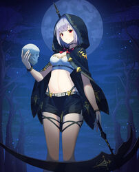  absurdres bad_id bad_pixiv_id black_cape black_choker black_ribbon black_shorts blunt_bangs bracelet breasts cape choker cleavage commentary crop_top female full_moon grey_hair highres holding holding_scythe holding_skull holding_weapon hood hood_up jayamon jewelry korean_commentary leg_ribbon looking_at_viewer medium_breasts midriff moon navel night original outdoors print_cape red_eyes ribbon scythe shinigami short_hair short_shorts shorts skull sky solo standing star_(sky) starry_sky stomach thigh_ribbon weapon 