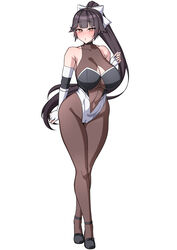  :o azur_lane bare_shoulders black_hair blush bow breasts cleavage cleavage_cutout clothing_cutout covered_navel female full_body highres large_breasts long_hair looking_at_viewer muta_poo official_alternate_costume pantyhose parted_lips ponytail race_queen solo takao_(azur_lane) takao_(full_throttle_charmer)_(azur_lane) two-tone_leotard white_bow 