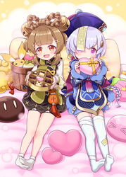  2girls :d bandaged_leg bandages bell black_dress black_nails blue_dress blue_hair blue_headwear blush box braid braided_hair_rings brown_eyes brown_hair chocolate coin_hair_ornament commentary_request covered_mouth dress flower genshin_impact gift gift_box glint hair_bell hair_flower hair_ornament hair_rings hands_up harada_(sansei_rain) hat heart-shaped_box highres holding holding_gift jingle_bell long_sleeves multiple_girls nail_polish no_shoes ofuda pillow puffy_long_sleeves puffy_sleeves purple_eyes qingdai_guanmao qiqi_(genshin_impact) shirt sitting slime_(genshin_impact) smile socks soles thighhighs twin_braids two_side_up white_legwear white_shirt yaoyao_(genshin_impact) yellow_flower yuegui_(genshin_impact) 