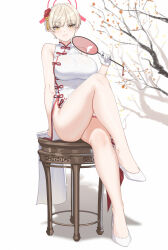  bare_legs bare_shoulders blonde_hair blue_archive blush breasts china_dress chinese_clothes closed_mouth commentary_request crossed_legs dress fangxiang_cuoluan female full_body gloves halo high_heels highres holding large_breasts legs looking_at_viewer marina_(blue_archive) marina_(qipao)_(blue_archive) official_alternate_costume red_halo short_hair simple_background sitting sleeveless sleeveless_dress smile solo thighs white_background white_dress white_footwear white_gloves yellow_eyes 