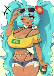  :3 absurdres aqua_eyes aqua_hair bead_choker belly_chain bracelet brazil brazilian_flag brazilian_flag_print brazilian_miku breasts can cleavage collarbone crop_top daigada earrings english_commentary eyewear_on_head fangs female flower gold_earrings gradient_background green_trim guarana_antarctica hair_flower hair_ornament hatsune_miku highres holding holding_can huge_breasts jewelry long_hair looking_at_viewer multiple_bracelets one_eye_closed open_mouth rectangular_earrings red_flower shirt shorts_tan solo sunglasses tan tanline_peek tanlines teeth thighs twintails upper_teeth_only very_long_hair vocaloid white_background yellow_background yellow_shirt 