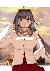  absurdres ahoge aozaki_aoko blue_eyes breasts brown_hair commentary_request female hair_intakes hand_in_pocket highres i50paintlab jacket large_breasts letterboxed light_blush long_hair mahou_tsukai_no_yoru outdoors outside_border parted_lips plaid_clothes plaid_scarf scarf solo white_jacket 