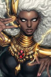  armor black_bodysuit blank_eyes bodysuit breasts dark-skinned_female dark_skin earrings electricity electrokinesis female gold highres jewelry large_breasts lightning_bolt_earrings lightning_bolt_symbol looking_at_viewer marvel pauldrons shoulder_armor solo stanley_lau storm_(x-men) very_dark_skin white_hair x-men 