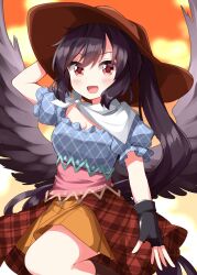  :d arm_up black_gloves black_hair black_wings blue_shirt blush breasts brown_hat brown_skirt cleavage commentary cowboy_hat cowboy_shot eyes_visible_through_hair female fingerless_gloves gloves hair_between_eyes hat highres kurokoma_saki long_hair looking_at_viewer open_mouth orange_eyes orange_skirt pink_sash plaid_clothes plaid_skirt pleated_skirt ponytail puffy_short_sleeves puffy_sleeves ruu_(tksymkw) sash scoop_neck shirt short_sleeves skirt smile solo standing touhou wings 