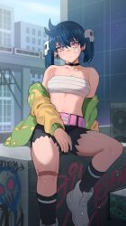  absurdres bandages bandaid bandaid_on_knee bandaid_on_leg bandeau bare_shoulders belt black_choker black_nails black_shorts blue_hair blue_sky boots breasts bright_pupils chest_sarashi choker day female hair_ornament highres ji-yoon_(jourd4n) jourd4n looking_at_viewer midriff nail_polish navel off_shoulder original pink_belt pink_eyes sarashi short_hair short_shorts shorts sitting skull_hair_ornament sky small_breasts solo stomach strapless thighs tube_top twintails white_footwear white_pupils 