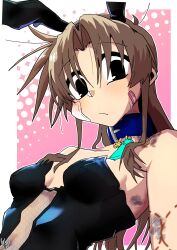  absurdres aged_down animal_ears bandaid bandaid_on_cheek bandaid_on_face black_eyes black_leotard blue_collar border breasts brown_hair bruise bruise_on_arm closed_mouth collar collarbone ed-chan_(edkuroki) edkuroki fake_animal_ears female from_below gauze gauze_on_cheek gauze_on_shoulder hickey highres injury leotard long_hair looking_at_viewer messy_hair original outline pink_background playboy_bunny rabbit_ears sidelocks signature small_breasts strapless strapless_leotard sweat white_border white_outline 