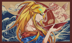  bare_shoulders blonde_hair blue_kimono border breasts brown_border cleavage closed_mouth collarbone commentary_request cup female fingernails fish from_side high_ponytail holding holding_cup horns hoshiguma_yuugi hoshiguma_yuugi_(kimono) japanese_clothes kimono long_hair looking_at_viewer nihonga off_shoulder official_alternate_costume outline outside_border parted_bangs profile red_eyes red_horns sakazuki sidelocks single_horn smile solo star_(symbol) suantian_guo_wei_fushi_shaokao touhou upper_body waves yellow_eyes 