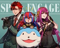  1boy 2girls aged_down alear_(female)_(fire_emblem) alear_(fire_emblem) anya_(spy_x_family) anya_(spy_x_family)_(cosplay) blue_eyes blue_hair commission cosplay crossed_bangs crossover diamant_(fire_emblem) fire_emblem fire_emblem_engage gzei heterochromia highres ivy_(fire_emblem) long_hair multicolored_hair multiple_girls red_eyes red_hair short_hair split-color_hair spy_x_family twilight_(spy_x_family) twilight_(spy_x_family)_(cosplay) two-tone_hair very_long_hair vgen_commission yor_briar yor_briar_(cosplay) 