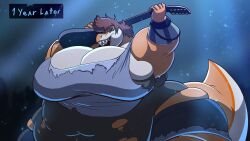  2024 5_fingers ambiguous_gender anthro armband belly_overhang big_breasts black_guitar black_lips blue_armband blue_bottomwear blue_clothing blue_shirt blue_shorts blue_tank_top blue_topwear bottomwear breasts brown_eyebrows brown_hair canid canine cleavage clothed clothed_anthro clothed_female clothing colored confident confident_female crowd digit_ring digital_drawing_(artwork) digital_media_(artwork) dinosaur electric_guitar english_text eyebrow_piercing eyebrows eyelashes facial_piercing fangs female female_anthro finger_ring fingers flabby_arms grey_clothing grey_shirt grey_topwear group guitar hair hi_res jewelry light lighting lips looking_up mammal multicolored_body multicolored_scales multicolored_tail musical_instrument non-mammal_breasts number obese obese_anthro obese_female orange_body orange_scales orange_tail overweight overweight_anthro overweight_female piercing pink_tongue playing_guitar playing_music plexel plucked_string_instrument prehistoric_species reptile scales scalie shaded sharp_teeth shirt short_hair shorts side_boob simple_background sparkles string_instrument tail tan_body tan_scales tan_tail tank_top teal_eyes teeth text text_box thick_bottom_lip thick_tail time_lapse tongue toothy_grin topwear torn_bottomwear torn_clothing torn_shirt torn_shorts torn_tank_top torn_topwear volkenfox wide_hips wire 