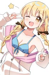  bikini black_ribbon blonde_hair blue_bikini braid breasts collarbone commentary double_v female fujita_kotone gakuen_idolmaster hair_ornament hair_ribbon haru_(konomi_150) highres idolmaster jacket light_blush long_hair looking_at_viewer medium_breasts one_eye_closed partially_open_jacket ribbon simple_background solo star_(symbol) swimsuit twin_braids two-sided_fabric two-sided_jacket v white_background white_jacket yellow_eyes 