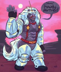  animal_humanoid anthro bravestarr clothing cybernetics cyborg equid equid_humanoid equine equine_humanoid fingerless_gloves gesture gloves grey_body hair handwear harness hi_res horse horse_humanoid humanoid jasperthecrab long_hair machine male mammal mammal_humanoid mane muscular muscular_anthro muscular_male robotic_arm robotic_leg robotic_limb solo tail thirty_thirty waving waving_at_viewer white_hair white_mane 