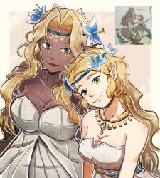  2girls blonde_hair breasts cleavage closed_mouth commentary dark-skinned_female dark_skin dress english_commentary flower_wreath green_eyes hair_intakes head_wreath highres large_breasts looking_at_viewer multiple_girls official_art_inset pichichustudio pointy_ears princess_zelda red_lips smile sonia_(zelda) the_legend_of_zelda the_legend_of_zelda:_tears_of_the_kingdom white_dress 