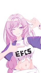  breasts clothes_writing diamond-shaped_pupils diamond_(shape) elf elysia_(herrscher_of_human:_ego)_(honkai_impact) elysia_(honkai_impact) female highres honkai_(series) honkai_impact_3rd koyasu12008 large_breasts long_braid long_hair midriff navel official_alternate_costume one_eye_closed pink_hair pointy_ears purple_eyes purple_shirt shirt smile solo symbol-shaped_pupils tied_shirt two-tone_shirt upper_body very_long_hair white_background white_shirt 