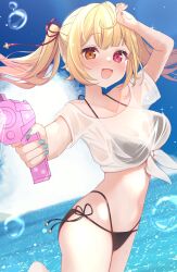  absurdres aqua_nails bikini bikini_under_clothes black_bikini blonde_hair blue_sky cropped_shirt dutch_angle female hair_ribbon heterochromia highres holding holding_water_gun hoshikawa_sara long_hair looking_at_viewer nijisanji no_pants ocean oguraponti open_mouth red_eyes red_ribbon ribbon see-through see-through_shirt shirt side-tie_bikini_bottom sky smile solo swimsuit twintails virtual_youtuber water_gun white_shirt yellow_eyes 