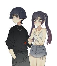  1boy alternate_costume black_hair black_sweater blush breasts camisole casual denim denim_shorts english_commentary female genshin_impact gradient_hair hair_between_eyes hair_ribbon hand_in_pocket highres holding_hands jewelry long_hair mona_(genshin_impact) multicolored_hair necklace purple_hair ribbon scaramouche_(genshin_impact) shorts simple_background straight sweater twintails white_background white_camisole ysnden 