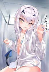  absurdres blue_nails fate/grand_order fate_(series) female flat_chest forked_eyebrows hair_intakes highres indoors infirmary medium_hair melusine_(fate) nail_polish oerba_yun_fang shirt signature skin_fang tail tongue tongue_out tutuuraura88 white_hair white_shirt yellow_eyes 