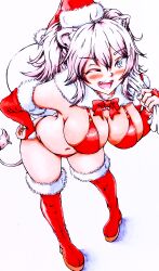  ;d alternate_costume animal_ears beniton bikini blush boots breasts bridal_gauntlets christmas cleavage commentary double-parted_bangs elbow_gloves fangs female fur-trimmed_boots fur-trimmed_gloves fur_trim gloves grey_eyes grey_hair hair_between_eyes hat highres hololive large_breasts leaning_forward lion_ears lion_girl lion_tail long_hair looking_at_viewer marker_(medium) one_eye_closed open_mouth platform_boots platform_footwear red_bikini red_footwear red_gloves sack santa_bikini santa_costume santa_hat shishiro_botan sidelocks smile solo swimsuit tail thigh_boots traditional_media two_side_up virtual_youtuber 