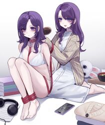  2girls aegyo_sal arms_behind_back asahina_mafuyu asahina_mafuyu&#039;s_mother barefoot between_breasts black_headphones book bound bound_arms bowl bra breasts brown_cardigan brushing_another&#039;s_hair brushing_hair buttons cardigan closed_mouth collar collarbone cracked_phone cup dress empty_eyes fingernails food full_body gradient_background grey_background hair_brush hair_down hair_over_shoulder headphones heart heart-shaped_pupils heart_in_eye highres holding holding_hair_brush holding_leash implied_incest jishou_210 kneeling knees_up lace-trimmed_bra lace_trim large_breasts leash long_hair long_sleeves looking_at_another mother_and_daughter multiple_girls open_cardigan open_clothes open_mouth panties paper phone project_sekai purple_eyes purple_hair red_collar red_leash simple_background sitting smile stuffed_animal stuffed_rabbit stuffed_toy symbol-shaped_pupils symbol_in_eye tray underwear underwear_only unworn_clothes unworn_headphones white_background white_bra white_dress white_panties 