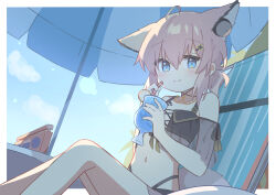  animal_ears arknights bare_shoulders beach_umbrella bikini black_bikini blue_eyes blue_sky blush brown_hair chair closed_mouth cloud collarbone day female fox_ears fox_girl fox_tail hair_between_eyes highres knees_up looking_at_viewer lounge_chair navel on_chair outdoors ryoku_sui see-through sitting sky smile solo stereo sussurro_(arknights) sussurro_(summer_flower)_(arknights) swimsuit tail umbrella 