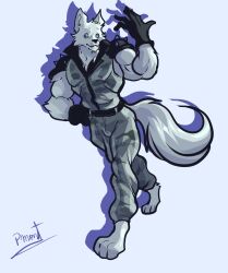  anthro arctic_fox belt biceps canid canine canis clothed clothing epic_games feet fortnite fox fur gloves handwear hi_res male mammal muscular muscular_anthro muscular_male pinumontbalou simple_background solo spikes tail true_fox volpez_(fortnite) white_body white_fur 