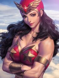  armlet black_hair bra bracer breasts brown_eyes cloud crossed_arms darna darna_(character) day female gold gold_armlet helmet jewelry large_breasts long_hair looking_at_viewer outdoors red_bra red_helmet sky solo stanley_lau superhero_costume underwear upper_body winged_helmet 