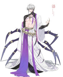  1boy abs absurdres arthropod_limbs artist_name braid character_name commentary dishwasher1910 earrings english_commentary extra_eyes floral_print grey_hair hand_up highres jewelry journey_to_the_west looking_at_viewer muscular muscular_male necklace nipples pectorals pointy_ears purple_sash robe sash shadow short_hair single_braid solo spider_boy violet_spider white_background white_robe wide_sleeves 