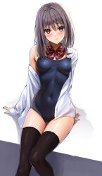  blush bow bowtie breasts covered_navel female grey_hair highres light_smile long_hair long_sleeves looking_at_viewer loose_clothes loose_shirt medium_breasts one-piece_swimsuit original purple_eyes school_swimsuit school_uniform shirt sitting smile swimsuit swimsuit_under_clothes thighhighs yukemuriganmo 