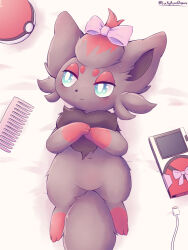  black_body black_fur blue_eyes female feral fur generation_5_pokemon luckyrumi nintendo pokeball pokemon pokemon_(species) red_body red_fur ribbons solo zorua 