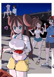  absurdres baseball_cap beach bikini bikini_under_clothes breasts brown_hair denim denim_shorts eating food front-tie_top grill hat highres hilbert_(pokemon) hilda_(pokemon) licking_lips makademia meat nate_(pokemon) night open_fly pink_hair pokemon pokemon_bw pokemon_bw2 ponytail rosa_(pokemon) short_shorts shorts sitting smile swimsuit tongue tongue_out yancy_(pokemon) 