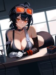  ahoge asymmetrical_gloves black_gloves black_hair black_pants black_sports_bra breasts cleavage commentary desk female gloves goggles goggles_on_head grace_howard highres indoors large_breasts leaning_forward looking_at_viewer medium_hair on_desk orange-tinted_eyewear orange_eyes pants parted_lips sidelocks single_bare_shoulder solo sports_bra sweat tinted_eyewear white_gloves yan_kodiac zenless_zone_zero 