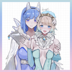  2girls absurdres artist_name bare_shoulders blonde_hair blue_eyes blue_hair breasts cleavage closed_mouth commentary_request detached_sleeves earrings fire_emblem fire_emblem_heroes fjorm_(fire_emblem) fjorm_(ice_tribe)_(fire_emblem) gradient_hair hand_on_another&#039;s_shoulder highres jewelry long_hair looking_at_viewer medium_breasts multicolored_hair multiple_girls nifl_(fire_emblem) nifl_(ice_tribe)_(fire_emblem) official_alternate_costume open_mouth purple_eyes sakuramotikun short_hair smile two-tone_hair 