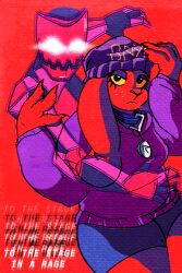  2:3 anthro beanie claws clothing collar duo female finger_claws fur glowing glowing_eyes hat headgear headwear hoodie humanoid jojo&#039;s_bizarre_adventure lagomorph lazy_ruby leporid mammal rabbit red_body red_fur ruby_mello_(dynamitegrizzly) stand_(jjba) text topwear trans_(lore) trans_woman_(lore) yellow_sclera 