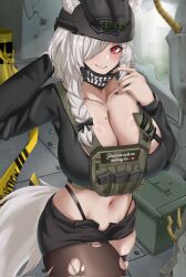  ammunition animal_ears black_bow black_nails black_shorts bow breasts caution_tape corrupted_twitter_file discordia_(vtuber) female fox_ears fox_girl fox_tail hair_over_one_eye hairbow heart highleg highleg_panties highres indie_virtual_youtuber large_breasts long_braid magazine_(weapon) midriff mole mole_on_breast navel neck_warmer night_vision_device open_fly panties pantyhose red_eyes second-party_source shorts single_leg_pantyhose skindentation solo tail thigh_strap torn_clothes torn_pantyhose underwear virtual_youtuber yobi_(ybpac18) 