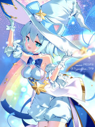  :d absurdres animal_ears aqua_dress aqua_eyes arm_garter bare_shoulders blue_bow blue_choker blue_hair blue_ribbon bow breasts cat_ears chest_bow choker cleavage copyright_name cowboy_shot dress ears_through_headwear female frilled_garter frilled_gloves frills gloves gold_trim hat hat_bow hat_ornament highres holding holding_hat holding_unworn_clothes light_blue_hair maimai_(game) medium_breasts milk_(maimai) orb rainbow ribbon short_hair sleeveless sleeveless_dress smile solo star_(sky) star_(symbol) star_hat_ornament star_ornament twitter_username user_xnxd5734 waist_cape white_gloves white_hat witch_hat 